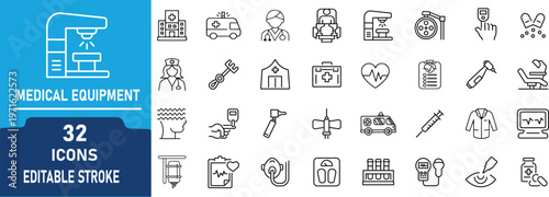 Medical Equipment and Healthcare Line Icons Set .Contain to related icons Hospital Tools, Doctor, Ambulance, Syringe, Stethoscope and Medical Technology Editable Stroke Vector Collection