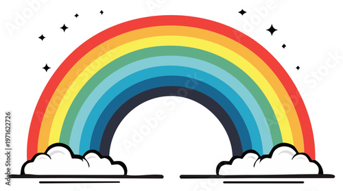 Vibrant multi colored rainbow arch with puffy clouds and sparkling stars on a white background