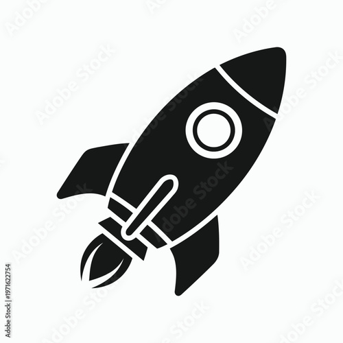 A sleek black rocket ship blasts off with smoke trails, depicted in a modern graphic style. Ideal for use in marketing, education, or business presentations related to innovation and technology.