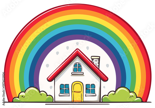 Illustration of a house with a rainbow symbolizing home comfort and safety for family well being