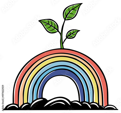 Young sprout growing from a colorful rainbow arc with soil