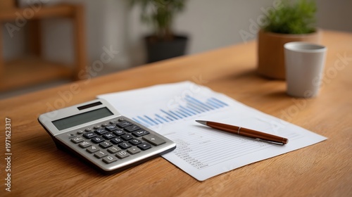 Calculator pen and financial chart document placed on a wooden desk representing business analysis accounting and planning