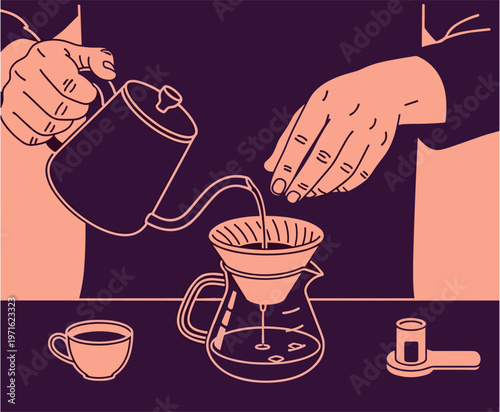 Close-up view of a person's hands carefully pouring hot water from a kettle into a coffee dripper to brew fresh coffee.