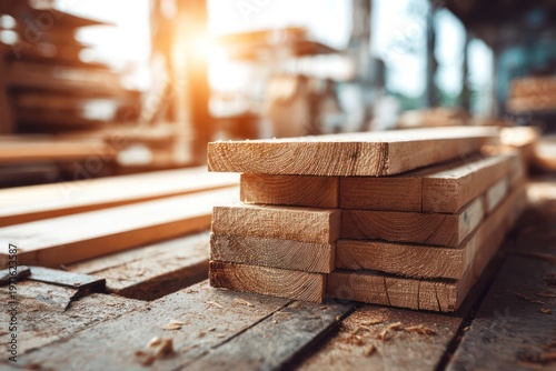 Carpentry timber stack on sawhorses indoor