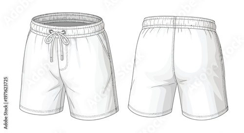 A technical illustration of light colored men s swim shorts front and back