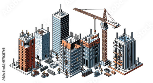 Isometric illustration of a bustling cityscape under construction