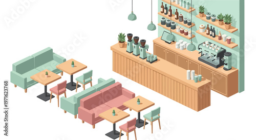 Isometric illustration of a cozy and inviting cafe interior design