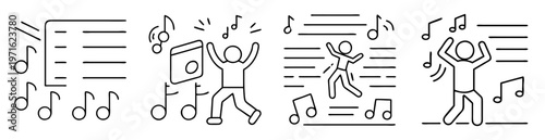 Simple black and white line art of musical score and dancing figures