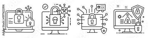 Cybersecurity threats and solutions presented as secure and vulnerable devices icons