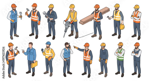 Isometric illustration of diverse construction workers with various tools