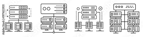 Multiple schematic representations of network architectures showcasing server client relationships