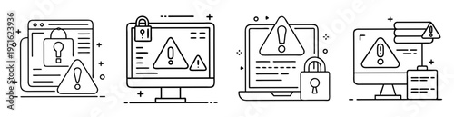 Various cybersecurity threats and vulnerabilities represented by locks and warnings illustration