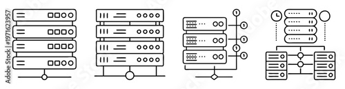 Four representations of server stacks showing computer networks, virtualization, and cloud computing