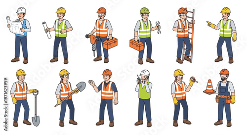 Diverse group of construction workers depicted in colorful cartoon illustration