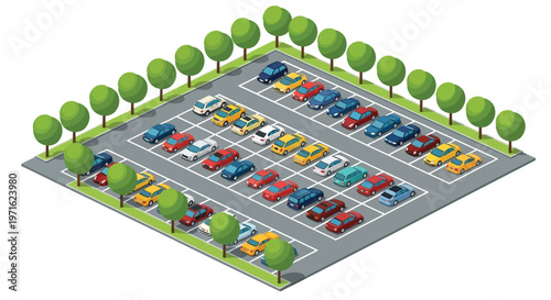 Isometric illustration depicting a busy parking lot with various vehicles