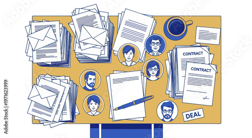 Business workspace with contracts papers and office supplies on a desk representing a productive work environment