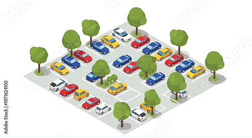 Isometric illustration of a busy parking lot with various colored cars