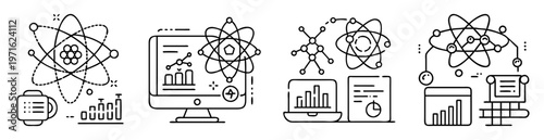 Data science and scientific research icon collection with atom molecular models