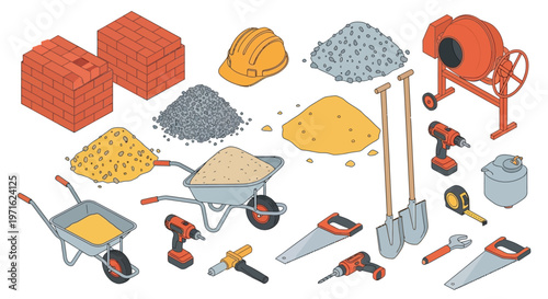 Construction tools and materials arranged in a colorful illustrative style