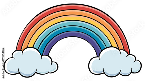 Vibrant Rainbow Arc between Fluffy Clouds in a Cheerful Cartoon Style Illustration