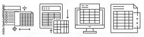 Data manipulation and organization with spreadsheet and forms outline icons
