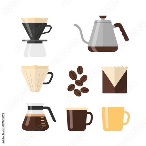 A collection of flat design icons representing coffee brewing equipment and accessories