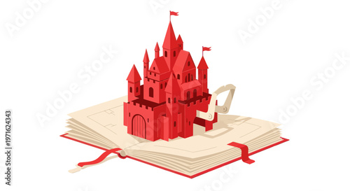 Red castle pops up from an open book with red bookmark on white background