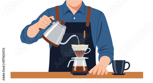 A barista meticulously prepares a pour-over coffee, showcasing the art of manual brewing with precision and care in a clean, modern setting.
