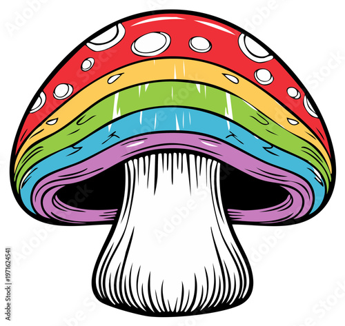 Cartoon colorful mushroom with vibrant rainbow stripes and white spots