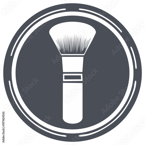 Makeup brush illustration in a circular frame, beauty product design element