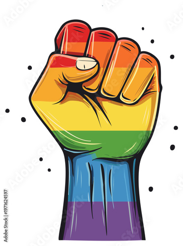 Raised fist illustration with rainbow colors, advocating for equality and pride.
