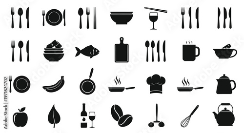 Black and white icons depicting kitchenware food and cooking elements
