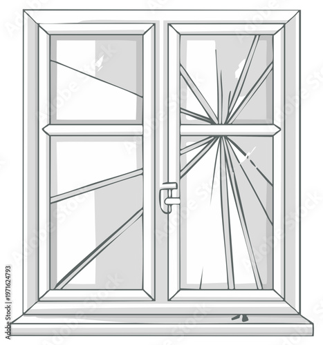 Broken window with cracked glass and shattered panes, damaged concept