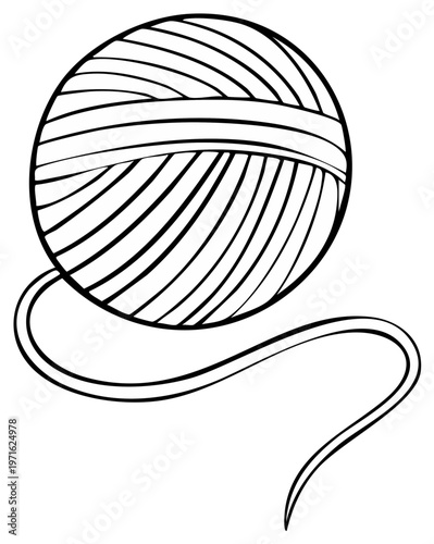 Black and White Illustration of Yarn Ball with trailing thread.