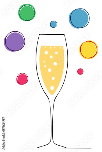 Modern illustration of a champagne glass with festive colorful bubbles for celebration