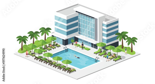 Isometric illustration of a modern hotel with a poolside lounge area