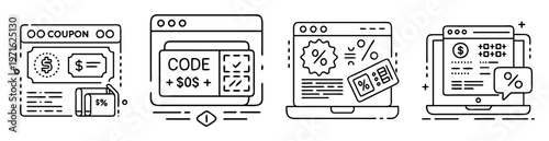 Line art illustrations of digital coupons and online discounts displayed on screens