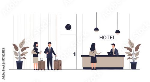 Hotel reception area with staff assisting guests with luggage