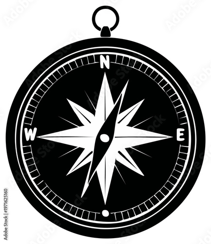 Vintage Compass Icon with Wind Rose Illustration in Black and White for Navigational Design