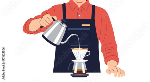 A barista meticulously pours hot water from a kettle into a pour-over coffee maker, illustrating the art of manual brewing and fresh coffee preparation.