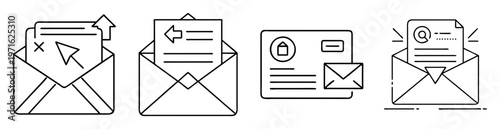 Black and white graphic illustrations of envelopes with mail and messages