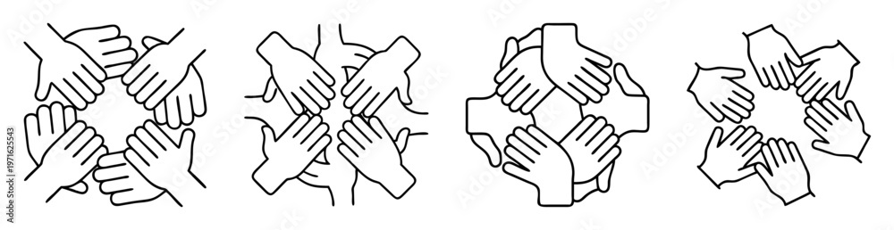 Obraz premium Hands Together Round Images Depicting Unity and Teamwork in a Line