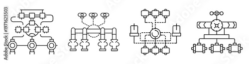 Black and white pipeline and industrial equipment schematics representing various configurations