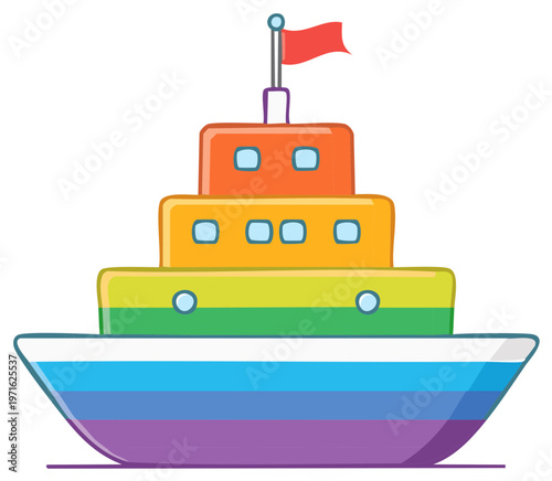 Cute cartoon ship with rainbow colors. Pride theme sailing ship illustration. Boat drawing with vivid hues and flag for festive graphic design.