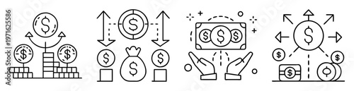 Financial icons illustrating investment, monetary exchange, savings and investment strategies