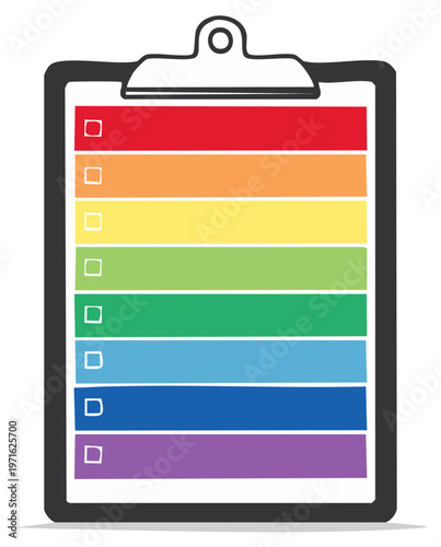 Clipboard with a blank rainbow colored checklist and checkboxes graphic