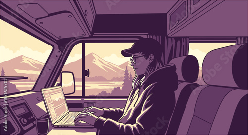 A dedicated digital nomad works diligently on a laptop inside a cozy camper van, enjoying scenic mountain views during a remote work adventure.