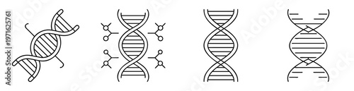 Four black and white DNA molecule representations with varying characteristics and completeness