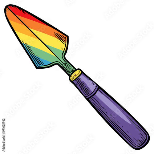 Rainbow-colored garden trowel illustration against white background