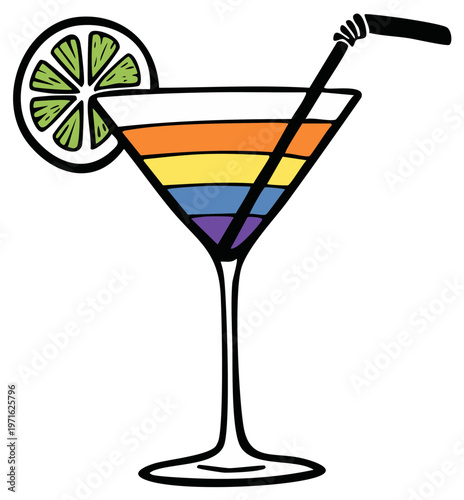 Vibrant rainbow layered cocktail in a martini glass with lime garnish and straw